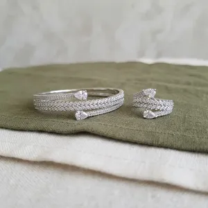 Pear Cut Diamond <b>Cuff</b> <b>Bracelet</b> And Ring Set Rhodium Plated Alloy Women's Wedding Jewelry Plant Pattern Classic Style - Product Image 1