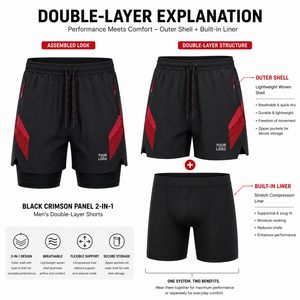 Pantalones Cortos Deportivos para Hombre en Color Negro y Rojo con Cordón Ajustable, Bolsillos con Cremallera, Secado Rápido, Diseño de Doble Capa, Logotipo Frontal - Product Image 2
