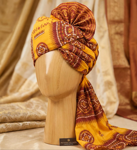 Turban de mariage Rajasthani Bandhani jaune et bordeaux, fait main, Pagri traditionnel pour le marié, Safa pour Baraat, couvre-chef ethnique indien - Product Image 3