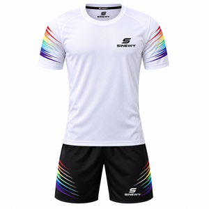 SINEWY ชุดเสื้อฟุตบอลสีขาวสำหรับผู้ชายพิมพ์ลายสายรุ้งแขนสั้นระบายความชื้นได้พอดีตัวสำหรับทุกฤดูกาลชุดกีฬา - Product Image 1