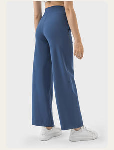 Pantalon large taille haute pour femme, couleur unie, en tricot de coton élasthanne, coupe décontractée, avec cordon de serrage, longueur totale - Product Image 2