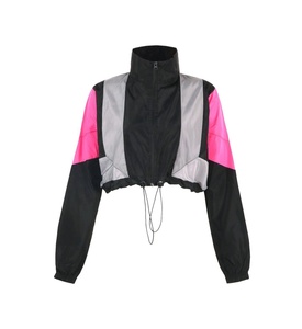 Custom Logo Reflective Crop Top Zipper <b>Jacket</b> Color Block Windbreaker <b>Women</b> Streetwear Cropped Nylon <b>Jacket</b> - Product Image 1