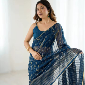 Sari de Georgette con Estampado Floral Estilo Bollywood KV - Product Image 1