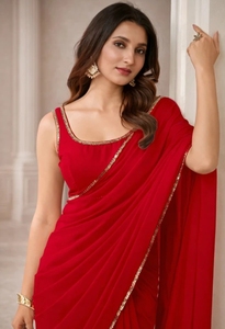 KV Traditional Solid Rayon Georgette <b>Saree</b> for Autumn Party Wear with Unstitched Blouse Wrinkle-Free Quick-Dry & Reversible - Product Image 1