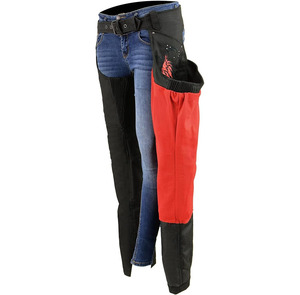 Pantalones de Motocicleta de Cuero Negro para Mujer Samroz Sports, Panel de Mezclilla Azul, Logotipo Frontal Bordado en Rojo, Personalizable, para Todas las Temporadas - Product Image 3