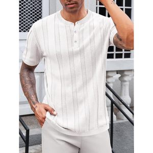 2025 hommes décontracté coton tricot texturé Stretch pull pull à manches courtes Henley chemises - Product Image 3