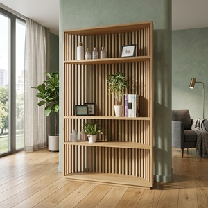 <b>Solid</b> <b>Wood</b> Living Room Cabinets Mid Century Modern Slatted <b>Bookcase</b> Tall Storage Credenza Multi Tier Room Divider Display Cabine - Product Image 3