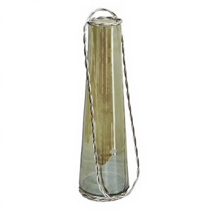 Vase à fleurs vintage en verre suspendu avec poignée en fil d'argent torsadé - Grand vase décoratif en verre vert conique - Product Image 1