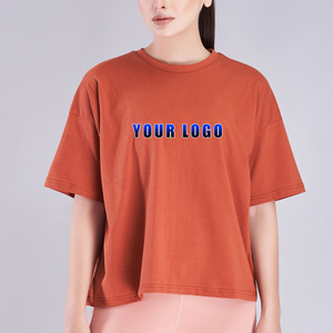 Camiseta Corta de Cuello Redondo para Mujer, Talla Grande, 100% Algodón, Color Sólido, Transpirable, con Logotipo Estampado, Corte Holgado, para Verano - Product Image 4