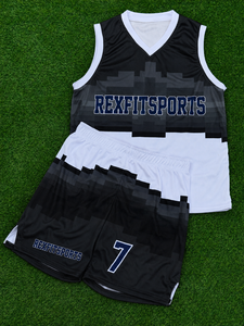 Uniforme de match de basket-ball personnalisé Rexfit Team Next |   Ensemble de sport unisexe respirant imprimé par sublimation |   Shorts en jersey sans manches - Product Image 1