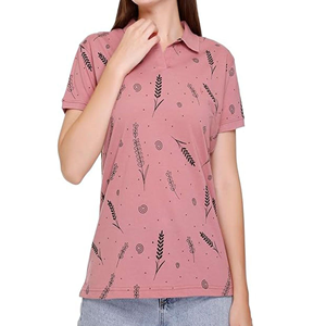 เสื้อโปโลผู้หญิงสีชมพูพิมพ์ลายแขนสั้นลำลองผ้าทอลายทั่วไปความยาวปกติ - Product Image 1