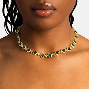 Brilliant Cut Sterling Silver Hip Hop <b>Statement</b> <b>Necklace</b> 22k Gold Plated Emerald Chain Geometric Luxury Party - Product Image 1