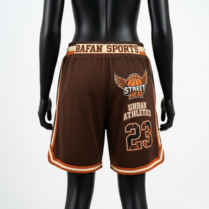 Shorts de basket-ball pour femmes, 160 GSM, polyester respirant, maille, marron, orange, panneaux rayés, logo personnalisé - Product Image 4