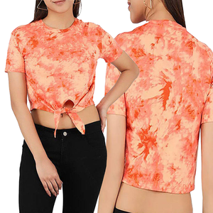 Women's Tie <b>Dye</b> Crew Neck Short Sleeve Crop Top Knotted Front Casual Jersey 100% Cotton Spring Summer - Product Image 3