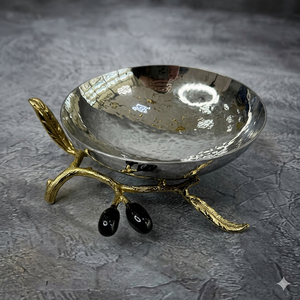 Luxury Hammered Silver Olive Branch Serving Bowl Gold Stem Decorative Nut Dish Metal Fruit Bowl Wedding <b>Table</b> Centerpiece Gift - Product Image 1