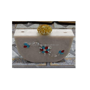 Beige Resin <b>Clutch</b> with Colorful Stone Floral <b>Embellishments</b> Handmade Designer Women Purse Evening Wedding Bag Wholesale Bulk - Product Image 1