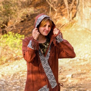 Handcrafted Rust Brown Cotton Hooded <b>Cardigan</b> with Tribal Border and Fringe Details Boho <b>Festival</b> Jacket At Factory Price - Product Image 4