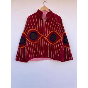 Suzani Embroidered Evil Eye Green Velvet Cotton Autumn Winter Eco-Friendly Bohemian Floral Reversible <b>Jacket</b> Gift Her Uzbek - Product Image 1