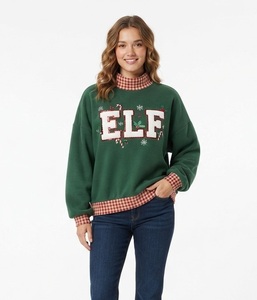 Sweat-shirt décontracté surdimensionné pour femme, brodé motif Mistle, en maille, avec bordure à carreaux vichy verts, col montant, pull d'hiver - Product Image 2