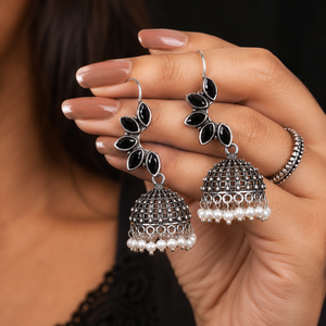 Pendientes Jhumka de Piedra Negra Oxidada para Mujer |   Pendientes Largos Étnicos Estilo Boho - Product Image 3