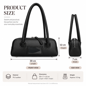 Bolso de Hombro de Cuero Genuino para Mujer, Color Negro, Cierre de Cremallera, Doble Compartimento Superior, Estilo Boston, Color Sólido, para Uso Diario, Otoño/Primavera - Product Image 2