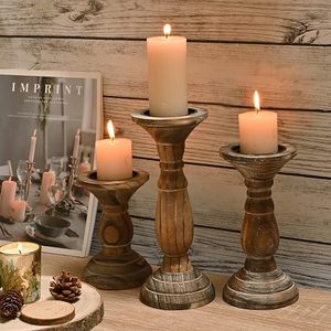 Modern Geometric Wooden Taper Candle Holder Set Handmade Decorative Candlestick Stand Home <b>Table</b> Decor - Product Image 3