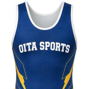 Combinaison de lutte sublimée bleu roi et jaune pour hommes, imprimé numérique, en polyester, tenue de lutte, vêtements de sport pour la performance athlétique - Product Image 4
