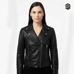 Chaqueta de Motociclista de Piel de Oveja para Mujer, Corte Ajustado, Cuello Café Racer, Hombros Acolchados, Cierre de Cremallera, Invierno, Fabricante OEM - Product Image 3