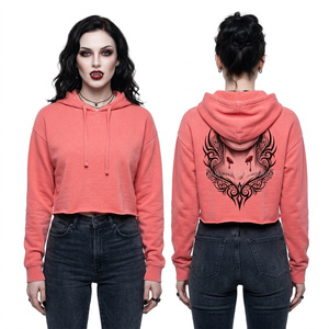 Sweat à capuche court rose délavé pour femme, imprimé tribal personnalisé au dos, motif morsure de vampire, streetwear, fabrication usine - Product Image 1