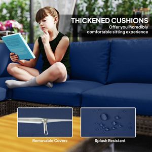 Set di Mobili da Giardino in Vimini a 7 Pezzi, Divano Modulare da Esterno con Cuscini in PE Rinforzati, Tavolo in Legno di Acacia Marrone/Blu per Ospedali - Product Image 6