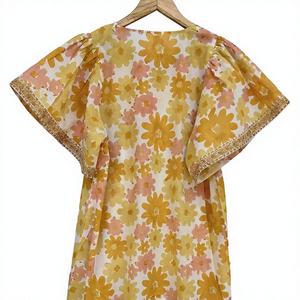 Robe d'été pour femmes, mini, col mandarin, imprimé floral, coton indien tissé écologique, en mousseline de soie, jaune orange, nouvelle arrivée - Product Image 1