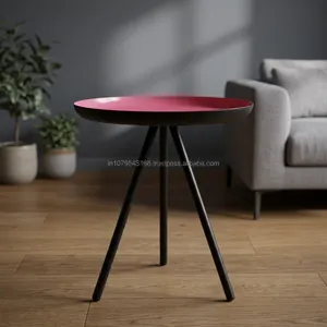 Mesa auxiliar redonda moderna con tapa rosa y patas de metal negro, muebles minimalistas para sala de estar, fáciles de limpiar - Product Image 4
