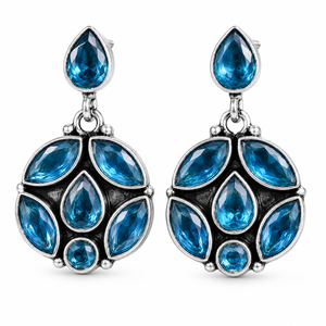 Wholesale Silver <b>Oxidized</b> Blue Topaz Flower Drop Earrings | Natural Gemstone Vintage Bohemian Jewelry for Women Party Occasion - Product Image 1