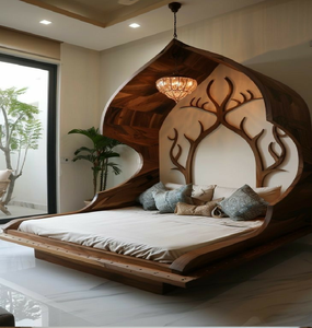 Cama rústica de madera recuperada con un dosel superior de estilo ondulado único. Disponible a precios de mayorista. - Product Image 3