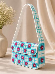Bolso Rectangular Lavable Hecho a Mano con Bordado de Flores Rosas sobre Patrón de Cuadros Azules, Textil de Poliéster para Uso Diario - Product Image 5