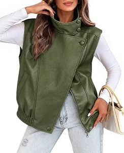 Chaleco de cuero PU verde para mujer, chaqueta sin mangas, cuello alto, bolsillos con cremallera, resistente al viento - Product Image 1