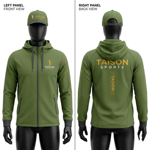 Sudadera con capucha para entrenamiento de golf para hombre, 320 GSM, poliéster, spandex, forro polar, verde oliva, panel raglán, cierre con cremallera, logotipo bordado personalizado, rendimiento superior. - Product Image 1
