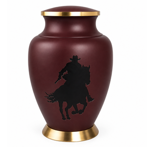 Urna Funeraria de Metal (Latón/Aluminio) Grabada con Diseño de Vaquero y Caballo, Color Negro y Marrón, Estilo Europeo Americano, para Cenizas Humanas - Product Image 4