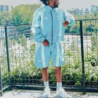 Ensemble short et veste coupe-vent en nylon avec blocs de couleur, logo personnalisé imprimé à l'écran, ensemble court d'été pour la course à pied