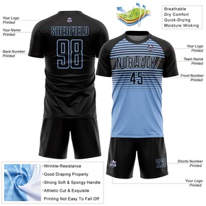Ensemble de maillots de football personnalisés sublimés pour hommes, noir et bleu rayé, manches courtes, col rond, évacuation de l'humidité, 100% polyester, adulte - Product Image 4