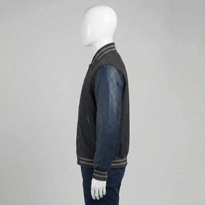 Veste universitaire en laine gris foncé pour homme avec manches en cuir, col rabattu, fermeture éclair, vêtement décontracté pour l'automne - Product Image 3