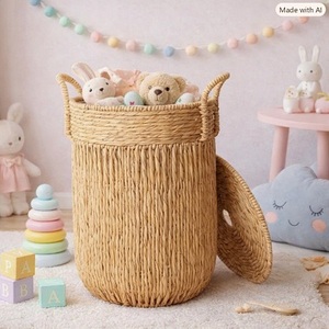 Panier à linge rond en osier avec couvercle, panier de rangement artisanal en fibres végétales, style rustique pour organiser les vêtements, type sur pied - Product Image 2