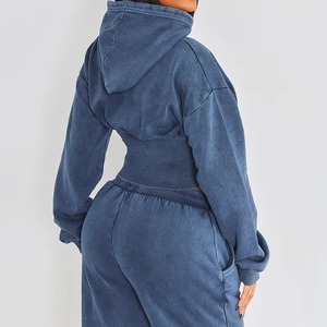 Women Blue Hooded Cropped Sweatshirt And Loose Fit Drawstring Jogger Pants <b>Set</b> Casual Solid Color Full Sleeve Autumn Tracksuit - Product Image 3