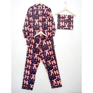Ensemble de pyjama pour femme, élégant et magnifique, imprimé nœud papillon mignon, 100 % coton, taille élastique, manches longues, longueur complète, motif floral. - Product Image 4