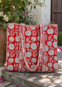 Red & White Floral <b>Tote</b> Bag | Handmade Quilted Cotton Shoulder Bag | Large Everyday Shopping Bag For Women's <b>Travel</b> <b>Tote</b> Bag - Product Image 2