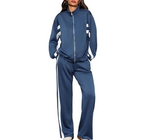 Ensemble de survêtement rayé noir et blanc pour femme, manches longues, fermeture éclair sur le devant, pantalon de jogging sportif, respirant, coupe régulière, 100 % polyester, automne - Product Image 3