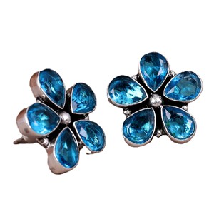 Boho Ethnic Engagement <b>Blue</b> Topaz Flower Drop <b>Earrings</b> Brass Bezel Setting Antique Silver Plated Handmade Women's Jewelry ARTS - Product Image 3