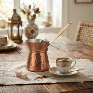 Cafetera turca de cobre martillado, Cezve tradicional, Ibrik árabe, Briki griega, calentador de leche para estufa con mango plano de latón grabado - Product Image 2