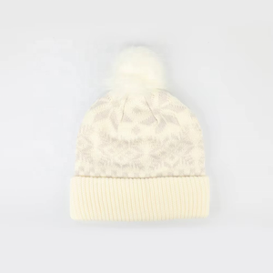 Gorro de Punto con Puño y Pompón para Mujer, 100% Acrílico, Blanco, con Logotipo Jacquard - Product Image 1