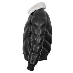 <b>Men's</b> Black <b>Leather</b> Bomber <b>Jacket</b> With <b>Faux</b> Fur Collar Zipper Closure Windproof Winter Moto Style Thick Regular Fit - Product Image 2